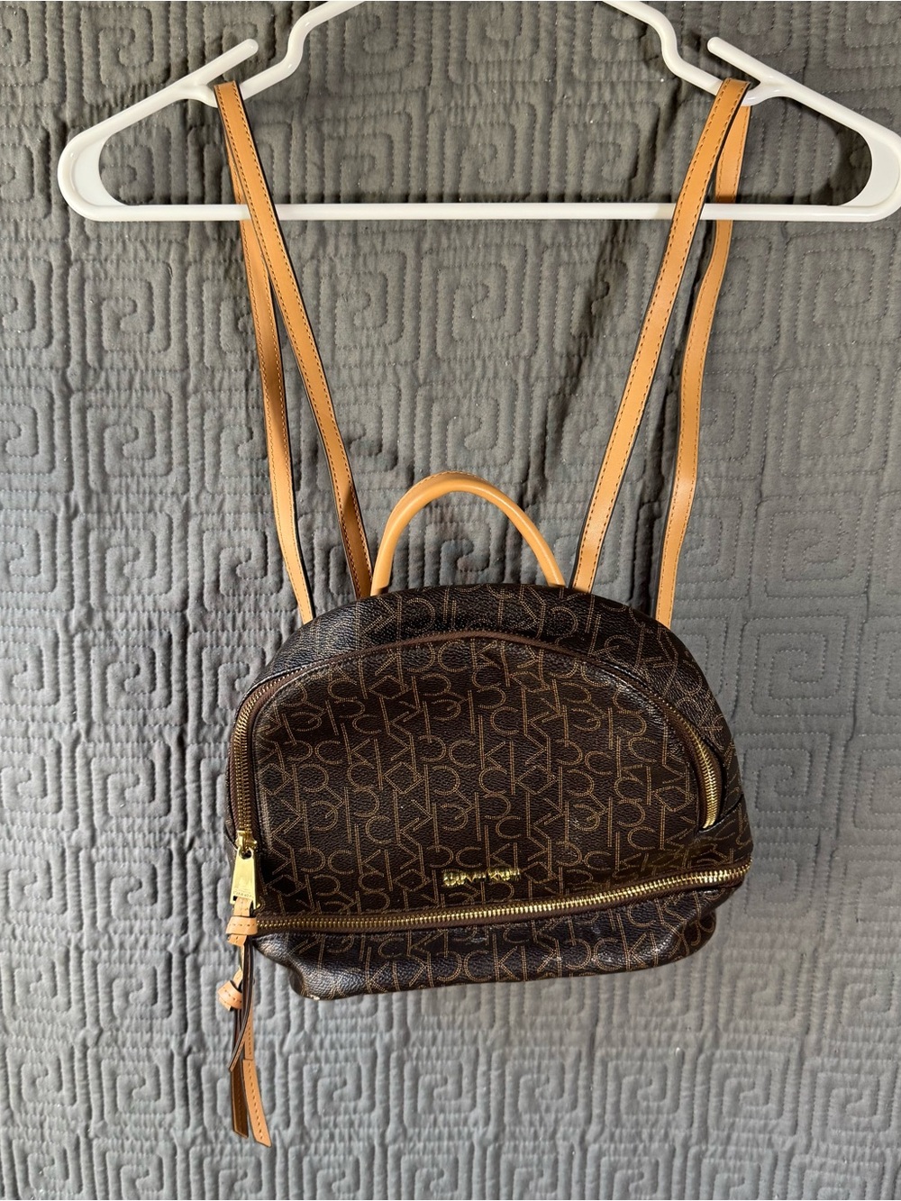 Calvin Klein Monogram Small Key Item Backpack Dome Brown Tan Trim H7GKZ7GN